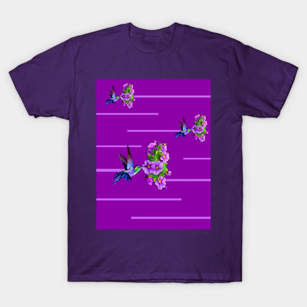 Hummingbirds and purple flowers on purple T-Shirt by YamyMorrell